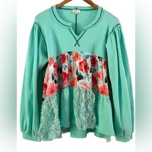 POL Lace and Floral Accent Peplum Top NWOT